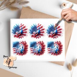 Six images of peacocks in a red, white, blue setting. Patriotic Peacock Collage 1, Vellum Decoupage Paper
