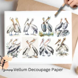 Eight images of pelicans. Pelicans Collage 4, Vellum Decoupage Paper