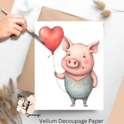 Image of a pig holding a red balloon. Valentine Pig 1, Vellum Decoupage Paper