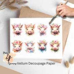 Eight images of cute pigs. Pig Portrait Collage 2, Vellum Decoupage Paper
