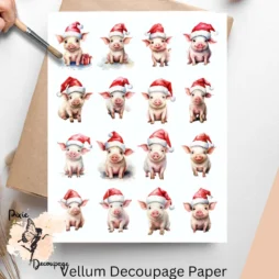 Sixteen small images of pigs wearing Santa hat. Pig with Santa Hat Collage 1, Vellum Decoupage Paper