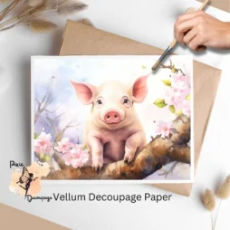 Image of a pig and flowers. Pig in Spring 1, Vellum Decoupage Paper