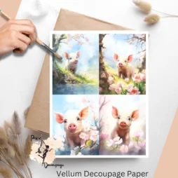 Four images of pigs and flowers. Pig in Spring Collage 2, Vellum Decoupage Paper