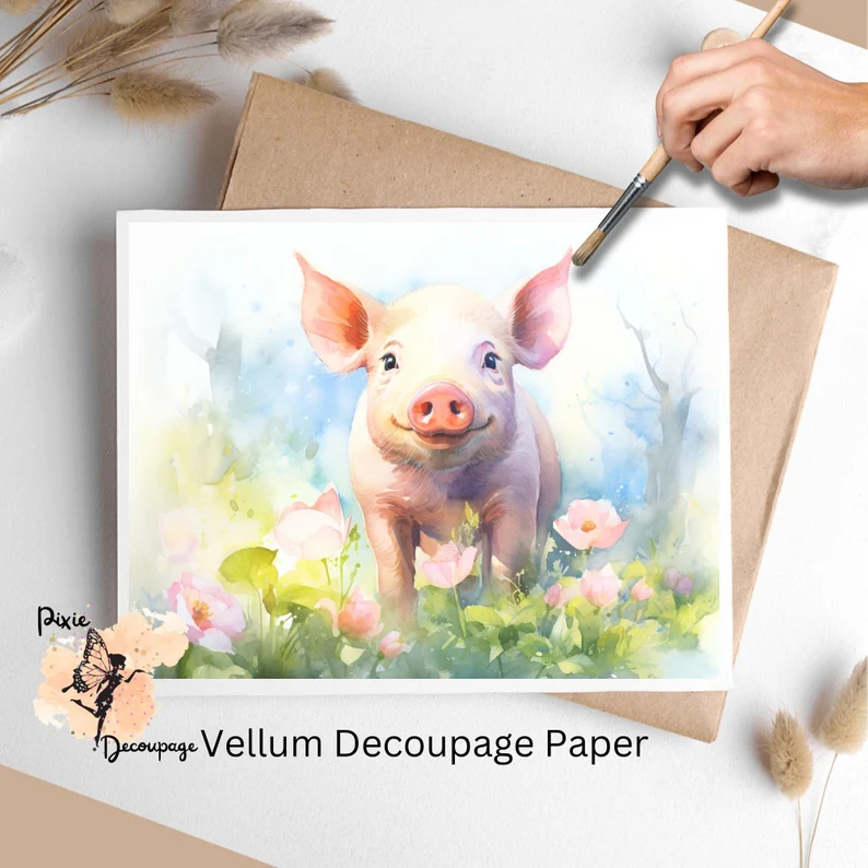 Image of a cute pig. Pig in Spring 2, Vellum Decoupage Paper