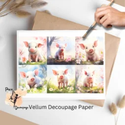 Six images of pigs. Pig in Spring Collage 3, Vellum Decoupage Paper