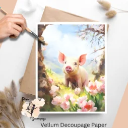 Image of a pig with flowers. Pig in Spring 5, Vellum Decoupage Paper