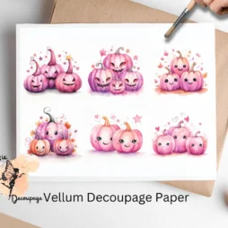 Six images of pink pumpkins. Whimsical Pink Pumpkins Collage 1, Vellum Decoupage Paper