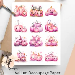 Twelve images of pink pumpkins. Whimsical Pink Pumpkins Collage 3, Vellum Decoupage Paper