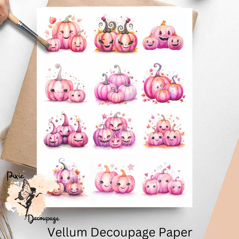 Twelve images of pink pumpkins. Whimsical Pink Pumpkins Collage 3, Vellum Decoupage Paper