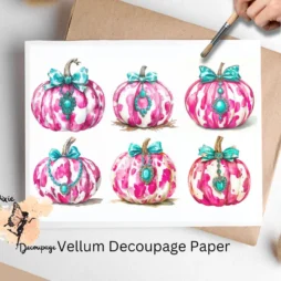 Six images of pumpkins with pink cow prints. Cow Print Pumpkin Collage 2, Vellum Decoupage Paper