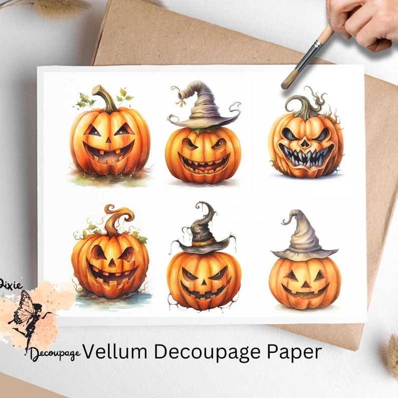 Six images of Jack O Lantern. Halloween Spooky Pumpkin Collage 1, Vellum Decoupage Paper