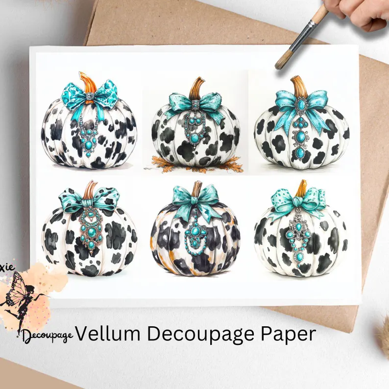 Six images of pumpkins. Cow Print Pumpkin Collage 3, Vellum Decoupage Paper