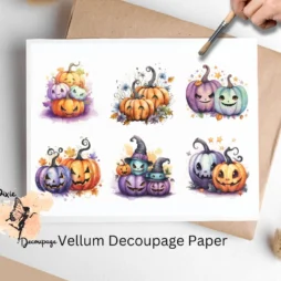 Six images of pumpkins in oranges and purples. Halloween Spooky Pumpkin Collage 5, Vellum Decoupage Paper