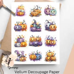 Twelve images of cute pumpkins in oranges and purples. Halloween Spooky Pumpkin Collage 5, Vellum Decoupage Paper