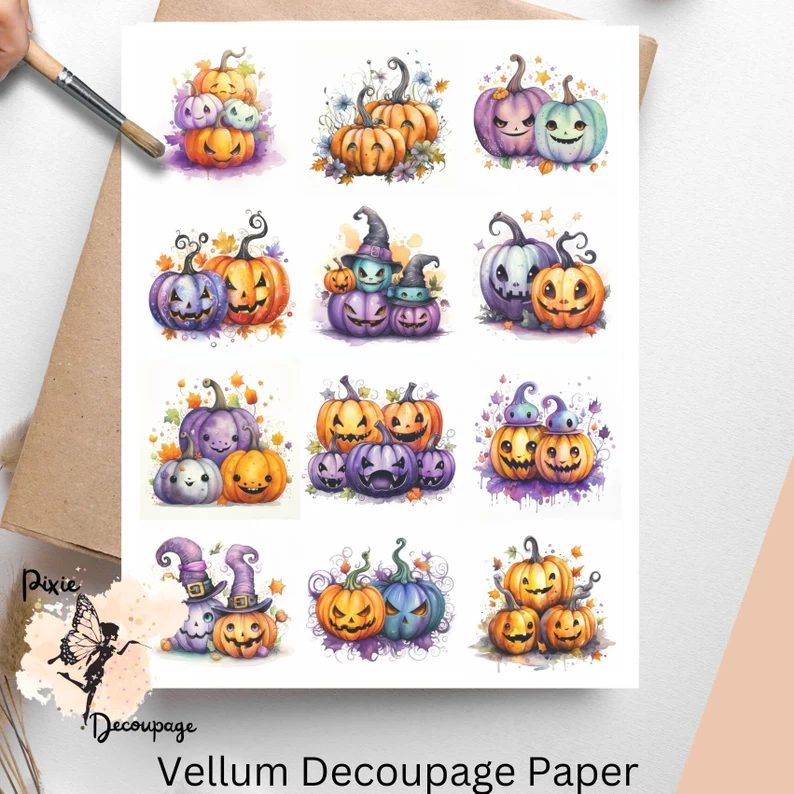 Twelve images of cute pumpkins in oranges and purples. Halloween Spooky Pumpkin Collage 5, Vellum Decoupage Paper