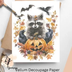 Image of a racoon on top of a pumpkin. Raccoon with Pumpkins 3, Vellum Decoupage Paper