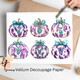 Six images of purple pumpkins. Cow Print Pumpkin Collage 4, Vellum Decoupage Paper