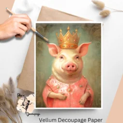 Image of a pig wearing a crown. Queen Pig 1, Vellum Decoupage Paper