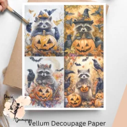 Four images of raccoons and pumpkins. Raccoon with Pumpkins Collage 1, Vellum Decoupage Paper