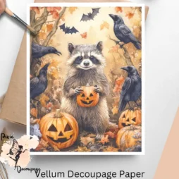 Image of a raccoon and pumpkins. Raccoon with Pumpkins 1, Vellum Decoupage Paper