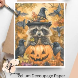 Image of a raccoon and pumpkins. Raccoon with Pumpkins 2, Vellum Decoupage Paper
