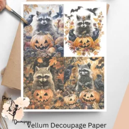 Four images of raccoons and pumpkins. Raccoon with Pumpkins Collage 3, Vellum Decoupage Paper