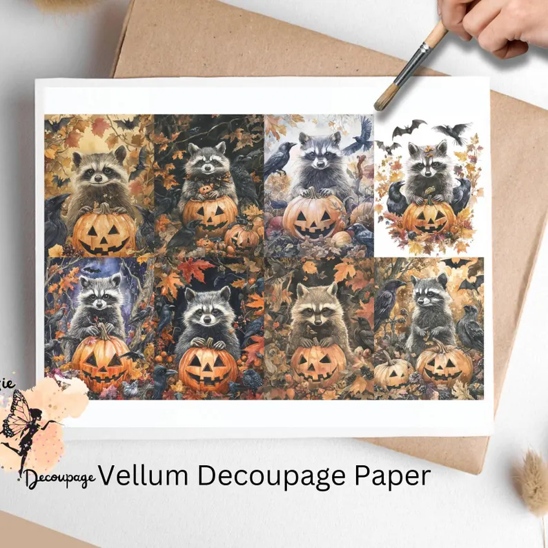 Eight images of raccoons and pumpkins. Raccoon with Pumpkins Collage 6, Vellum Decoupage Paper
