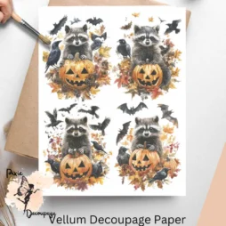 Four images of raccoons and pumpkins. Raccoon with Pumpkins Collage 2, Vellum Decoupage Paper