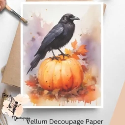 Image of a raven and a pumpkin. Halloween Raven 1, Vellum Decoupage Paper
