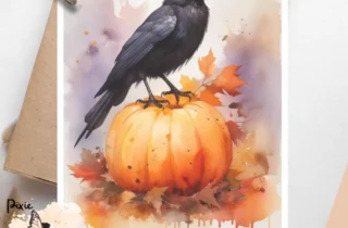Image of a raven and a pumpkin. Halloween Raven 1, Vellum Decoupage Paper