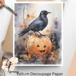Image of a raven on a pumpkin. Halloween Raven 2, Vellum Decoupage Paper