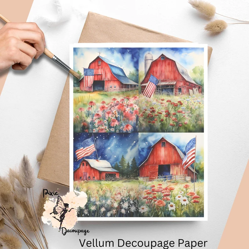 Four images of red barns. Patriotic Barn Collage 2, Vellum Decoupage Paper