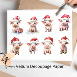 Eight images of of pigs wearing Santa hats. Pig with Santa Hat Collage 2, Vellum Decoupage Paper