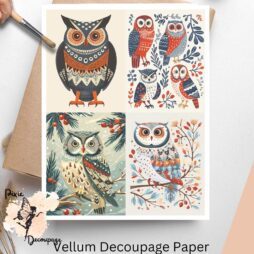 Four images of owls. Scandinavian Owl Collage 1, Vellum Decoupage Paper