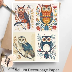 Four images of owls. Scandinavian Owl Collage 2, Vellum Decoupage Paper