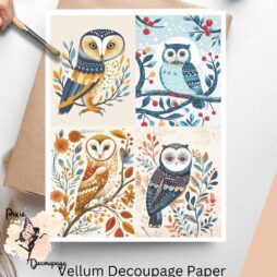 Four images of owls. Scandinavian Owl Collage 3, Vellum Decoupage Paper