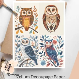 Four images of owls. Scandinavian Owl Collage 4, Vellum Decoupage Paper