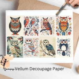 Eight images of owls. Scandinavian Owl Collage 5, Vellum Decoupage Paper