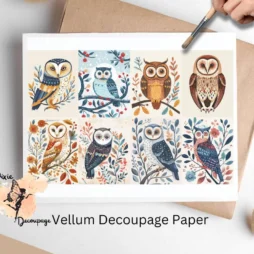 Eight images of owls. Scandinavian Owl Collage 6, Vellum Decoupage Paper