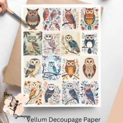 Sixteen images of owls. Scandinavian Owl Collage 7, Vellum Decoupage Paper
