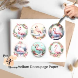 Six images of flamingos in circles. Shabby Chic Christmas Flamingo Circle Collage 2, Vellum Decoupage Paper