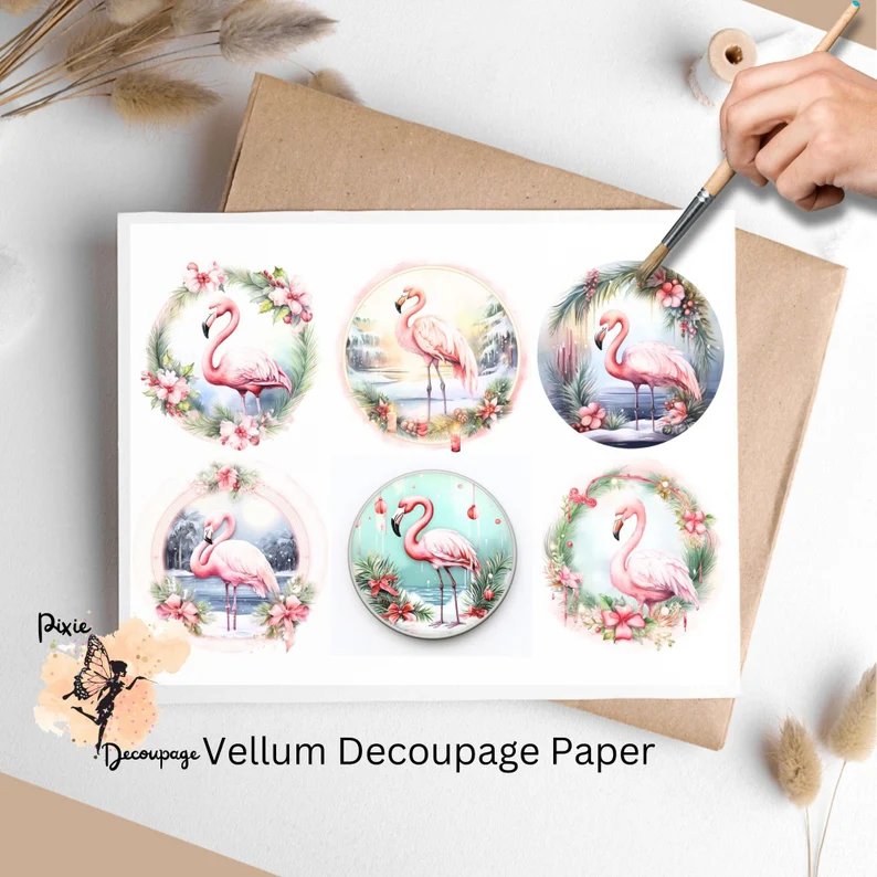 Six images of flamingos in circles. Shabby Chic Christmas Flamingo Circle Collage 2, Vellum Decoupage Paper
