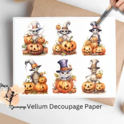 Six images of skeleton and pumpkins. Whimsical Halloween Skeleton Collage 1, Vellum Decoupage Paper