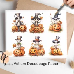 Six images of pumpkin and skeletons. Whimsical Halloween Skeleton Collage 2, Vellum Decoupage Paper