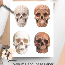 Four images of skulls. Clay Skull Collage 3, Vellum Decoupage Paper