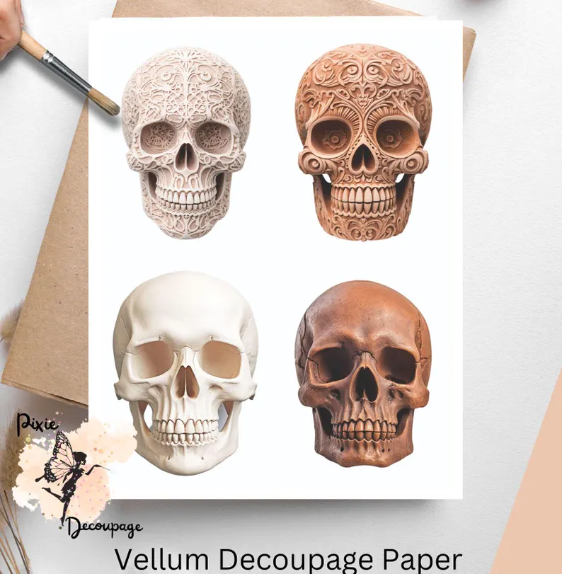 Four images of skulls. Clay Skull Collage 3, Vellum Decoupage Paper