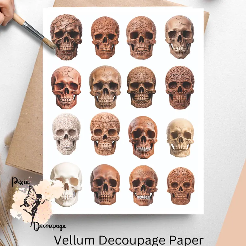 Sixteen images of skulls. Clay Skull Collage 5, Vellum Decoupage Paper