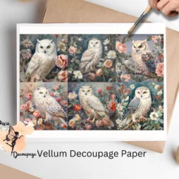 Six images of owls. Snow Owl in Florals Collage 1, Vellum Decoupage Pape