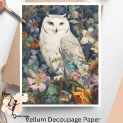 Image of a snow owl. Snow Owl in Florals 1, Vellum Decoupage Paper