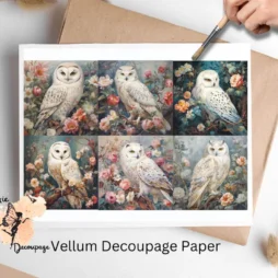 Six images of owls. Snow Owl in Florals Collage 2, Vellum Decoupage Paper